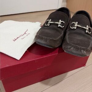 Salvatore Ferragamo Men's Dark Brown Loafers with Silver Buckle